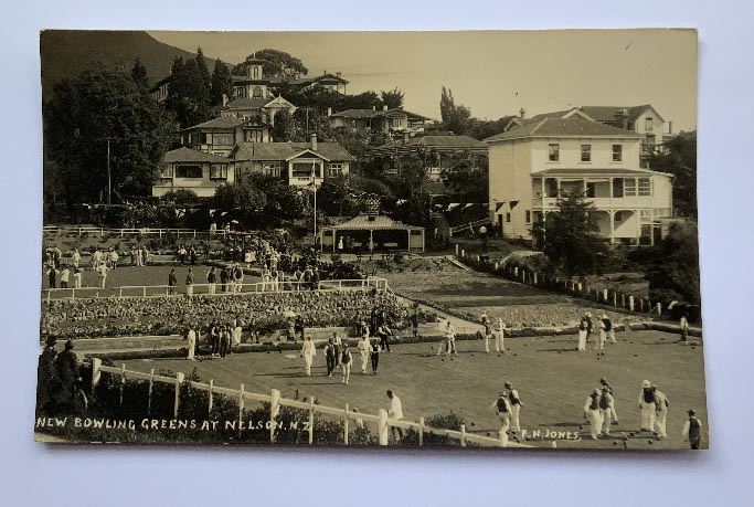 early 1900's New Zealand FN Jones postcard titled NEW BOWLING GREENS AT NELSON
